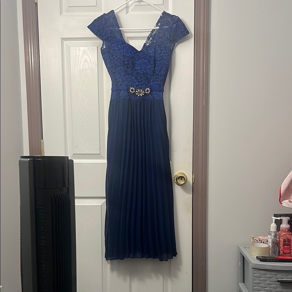 Elegant Moments Blue Pleated Embellished Midi Gown